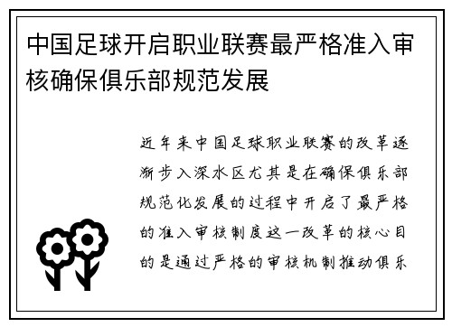 中国足球开启职业联赛最严格准入审核确保俱乐部规范发展